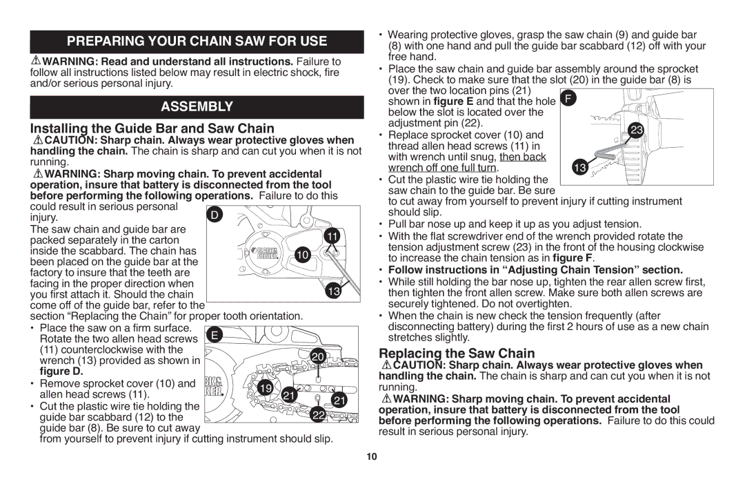 Black & Decker LCS120 Assembly, Replacing the Saw Chain, Follow instructions in Adjusting Chain Tension section 