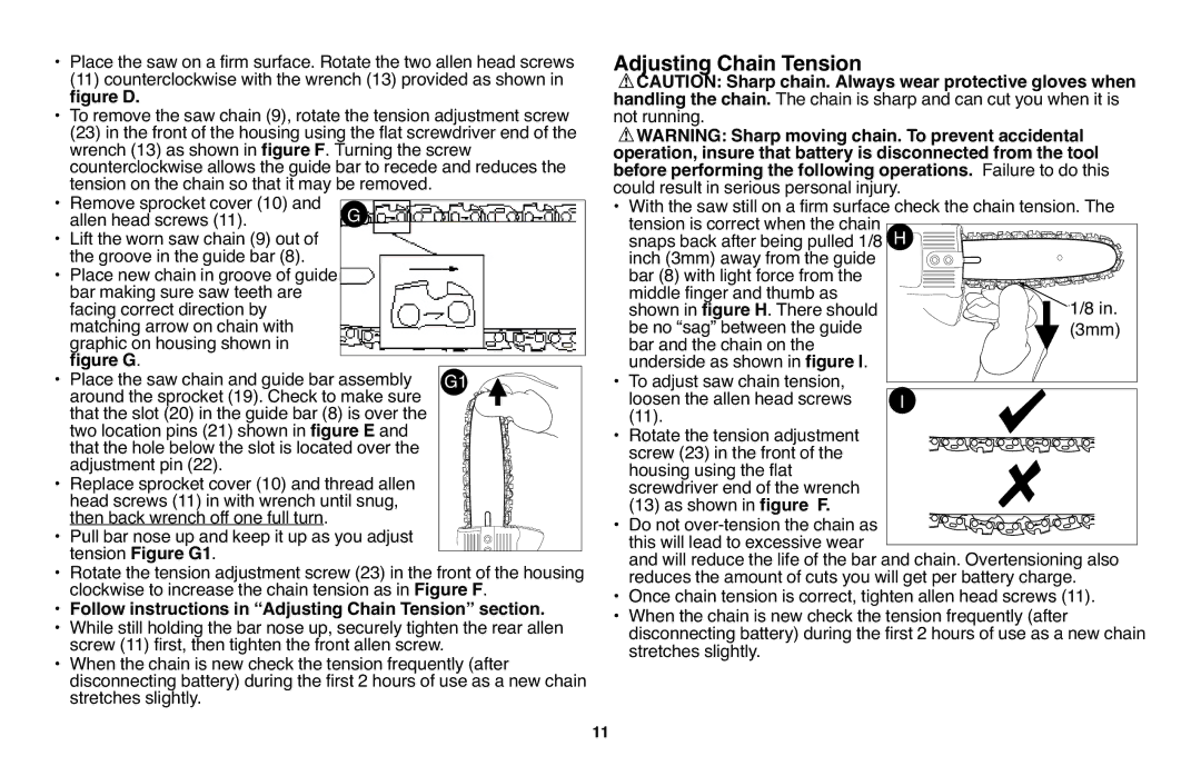 Black & Decker LCS120 Adjusting Chain Tension, Stretches slightly.G1, Not running, Could result in serious personal injury 