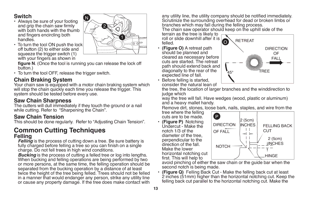 Black & Decker LCS120 instruction manual Switch, Chain Braking System, Saw Chain Sharpness, Saw Chain Tension, Felling 