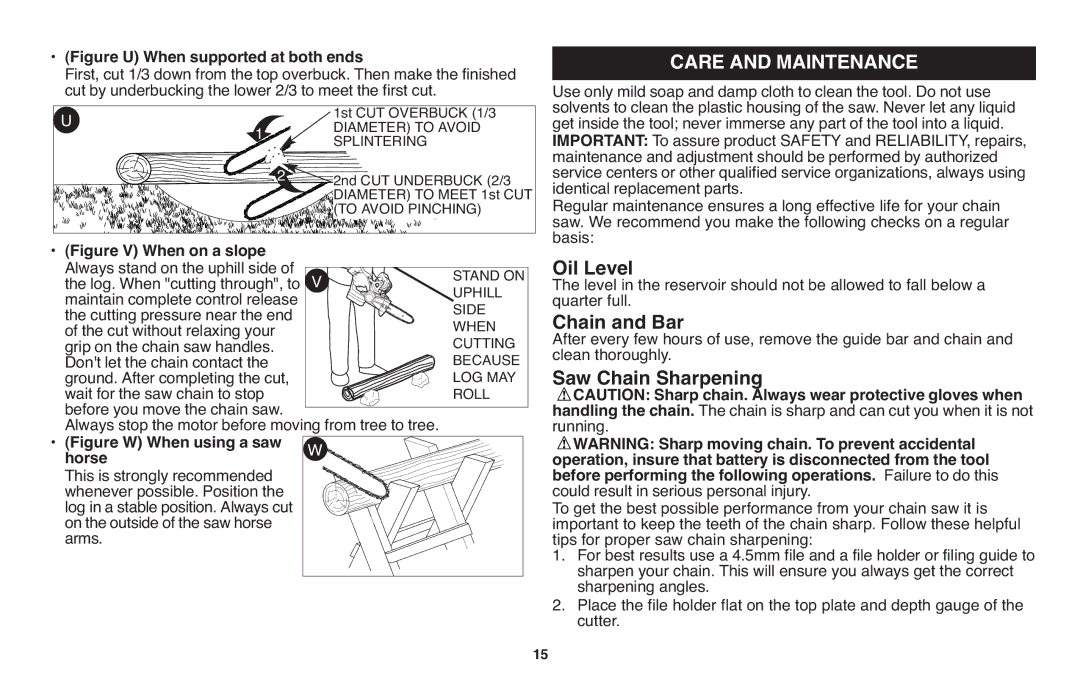 Black & Decker LCS120 instruction manual Care and Maintenance, Oil Level, Chain and Bar, Saw Chain Sharpening 