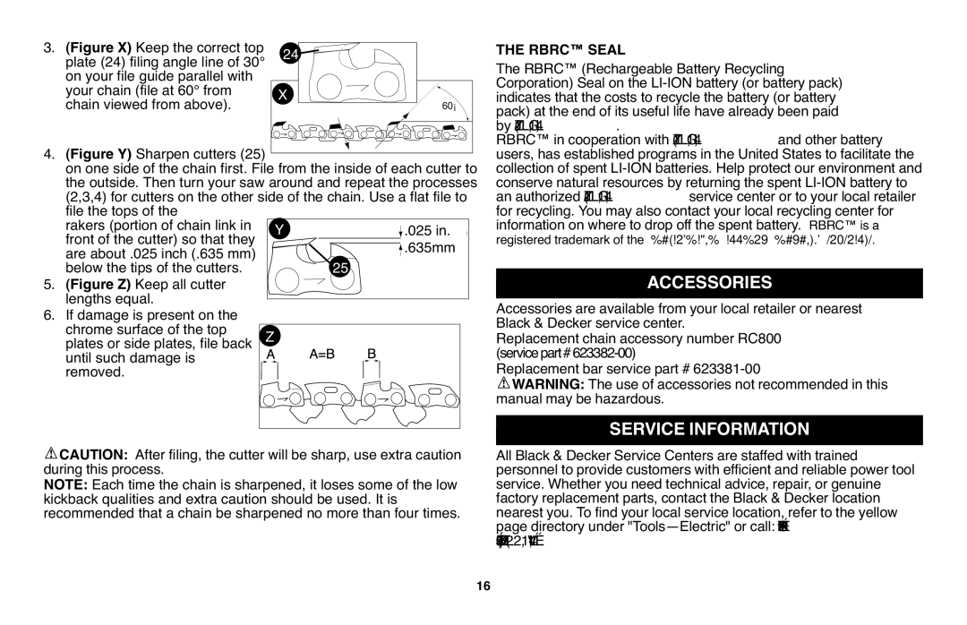 Black & Decker LCS120 instruction manual Accessories, Service Information 