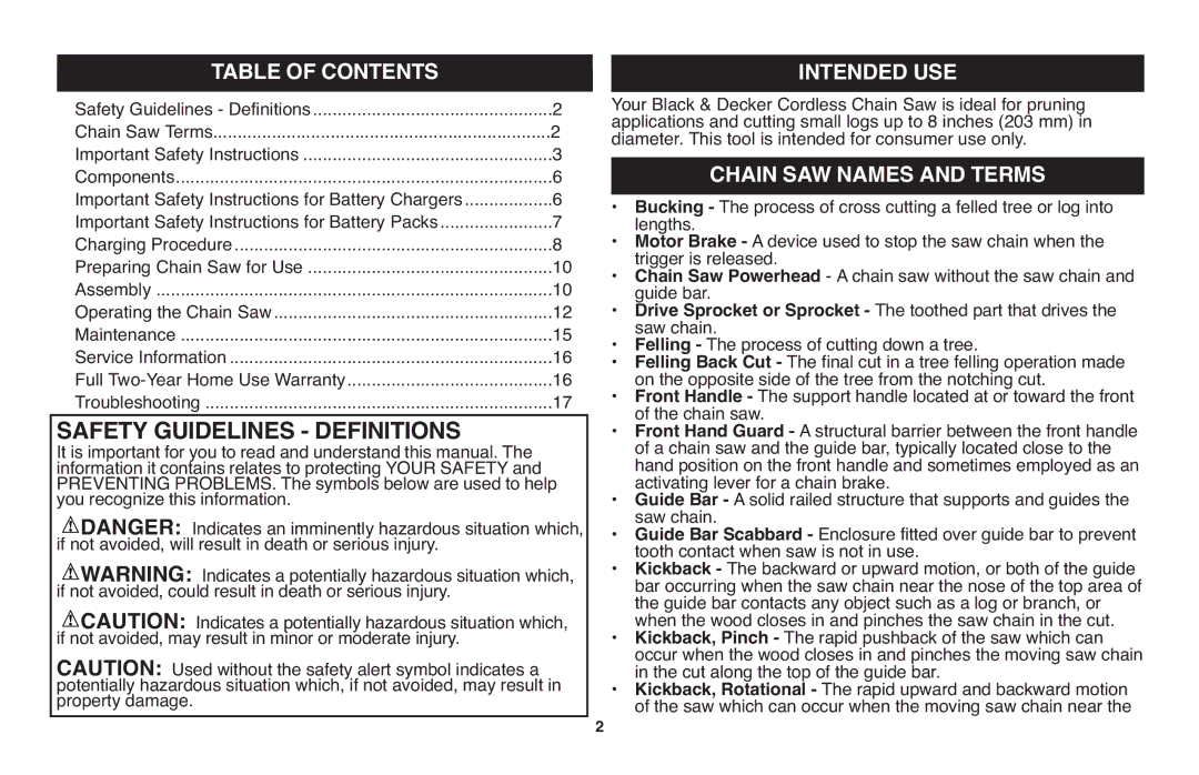 Black & Decker LCS120 instruction manual Table of Contents, Intended USE, Chain SAW Names and Terms 