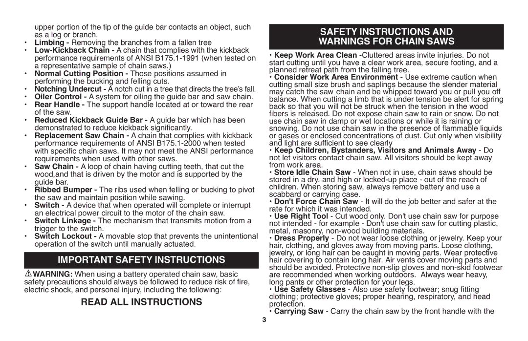 Black & Decker LCS120 Important Safety Instructions, Reduced Kickback Guide Bar a guide bar which has been 