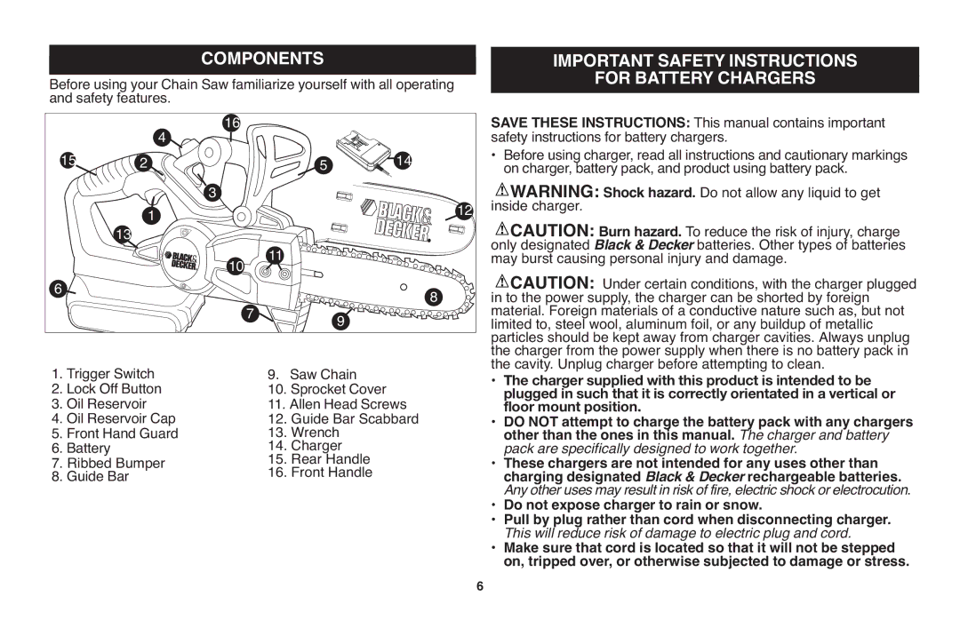 Black & Decker LCS120 Components, Important Safety Instructions For Battery Chargers, Safety features, Inside charger 