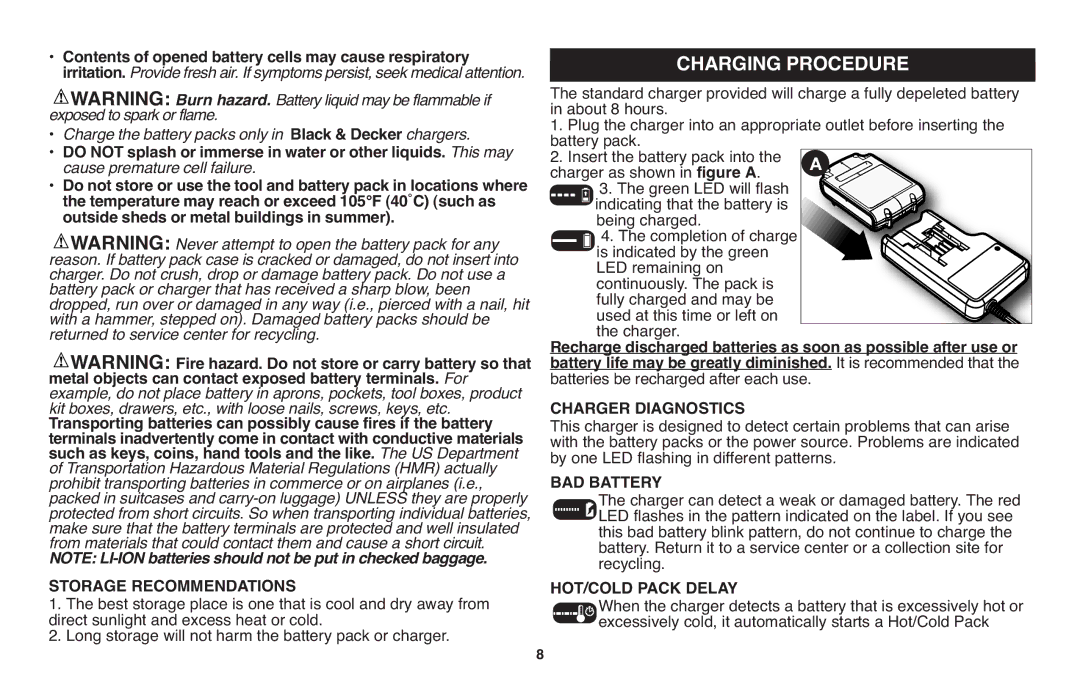 Black & Decker LCS120 instruction manual Charging Procedure, Contents of opened battery cells may cause respiratory 