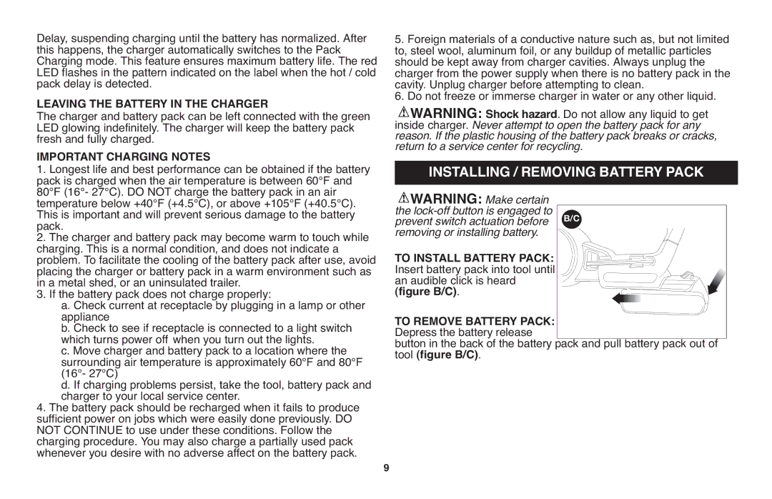 Black & Decker LCS120 instruction manual Installing / Removing Battery Pack, Tool figure B/C 