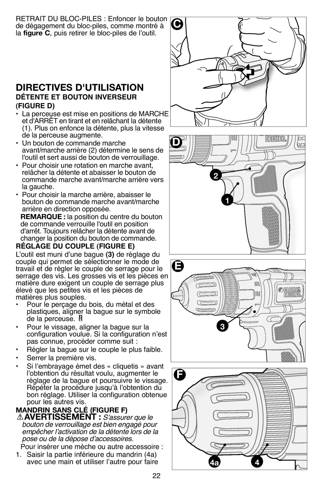 Black & Decker LDX112 instruction manual La position du centre du bouton, Réglage DU Couple Figure E 