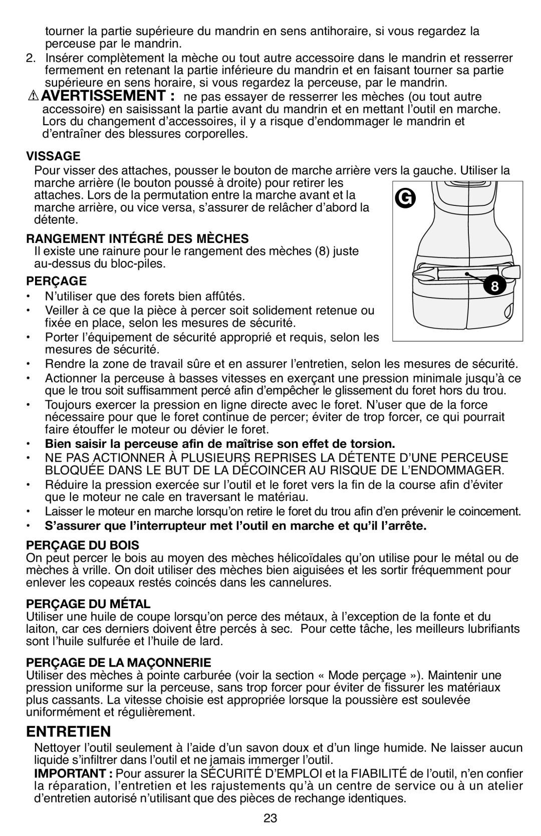 Black & Decker LDX112 instruction manual Vissage, Rangement Intégré DES Mèches, Perçage 