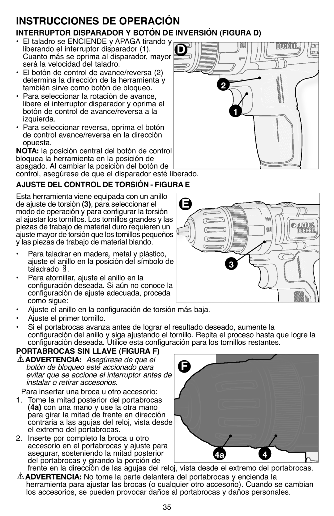 Black & Decker LDX112 Interruptor Disparador Y Botón DE Inversión Figura D, Ajuste DEL Control DE Torsión Figura E 