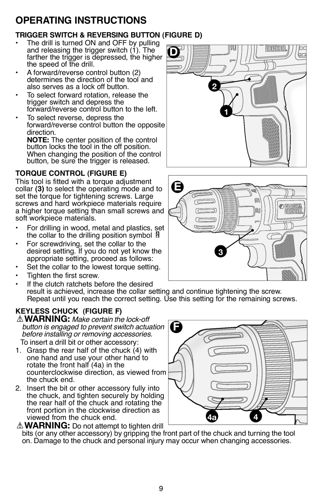 Black & Decker LDX112 Trigger Switch & Reversing Button Figure D, Torque Control Figure E, Soft workpiece materials 