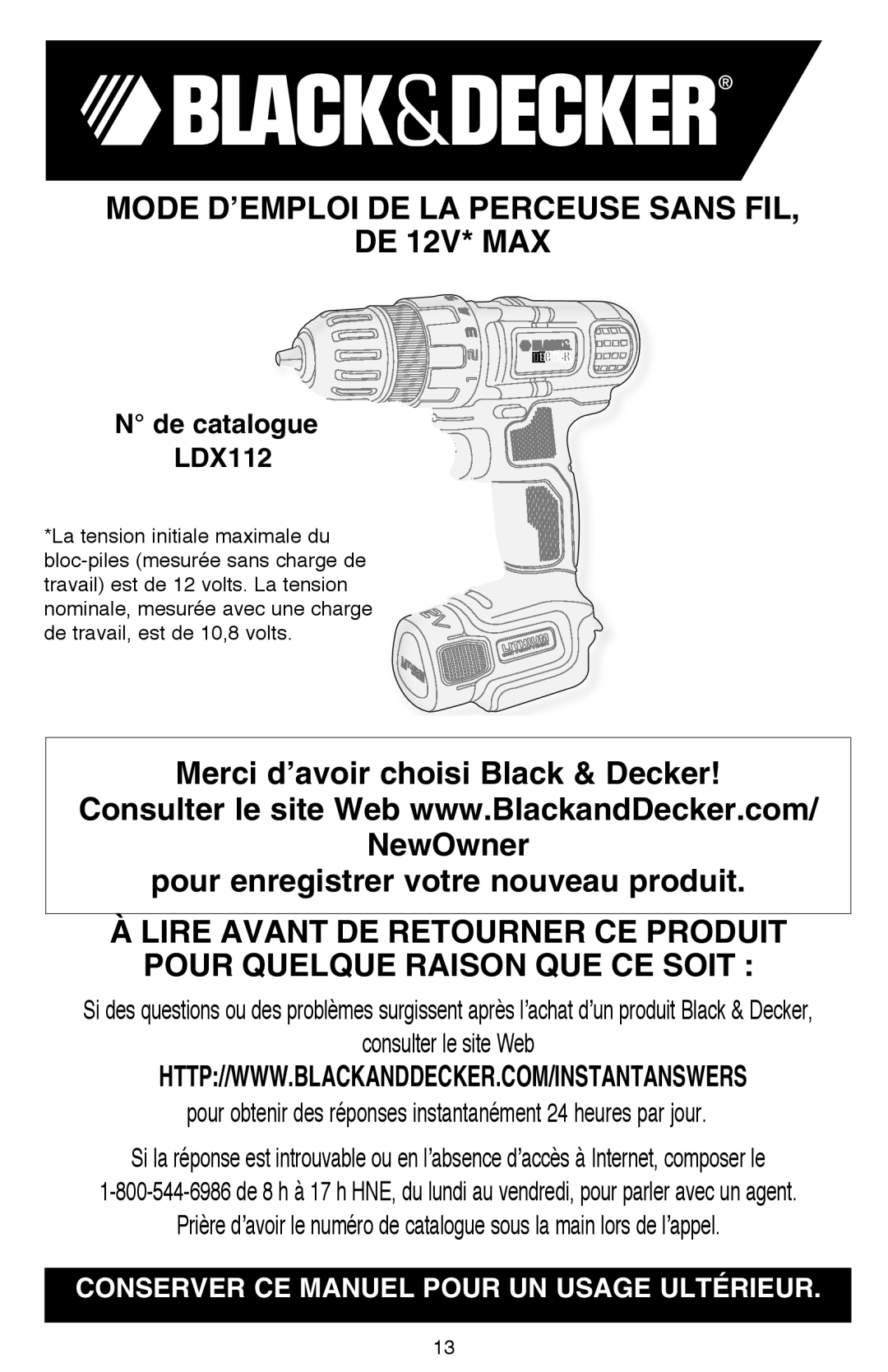 Black & Decker LDX112C instruction manual De catalogue 