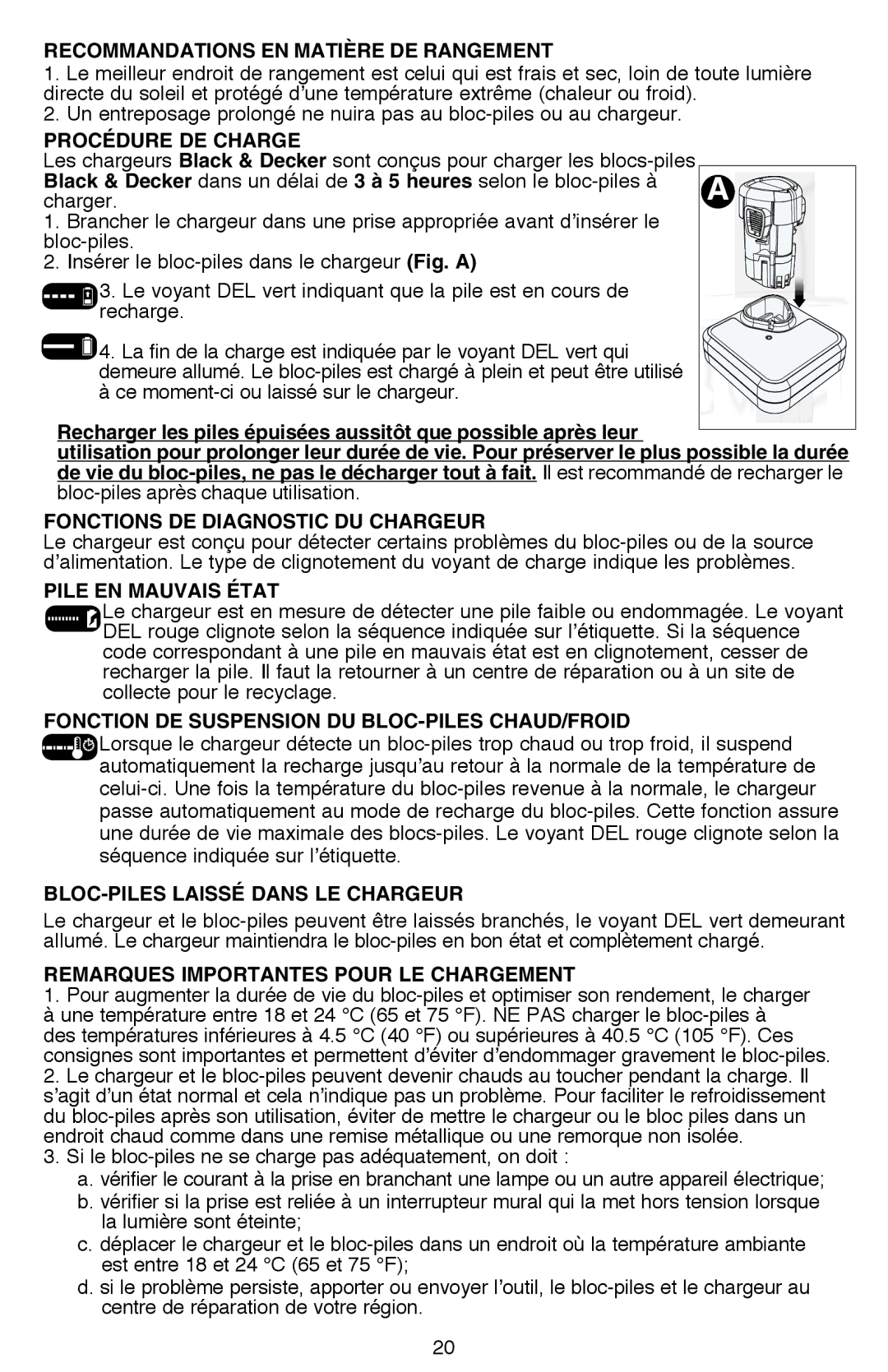 Black & Decker LDX112C Recommandations en matière de rangement, Procédure de charge, Pile en mauvais état 