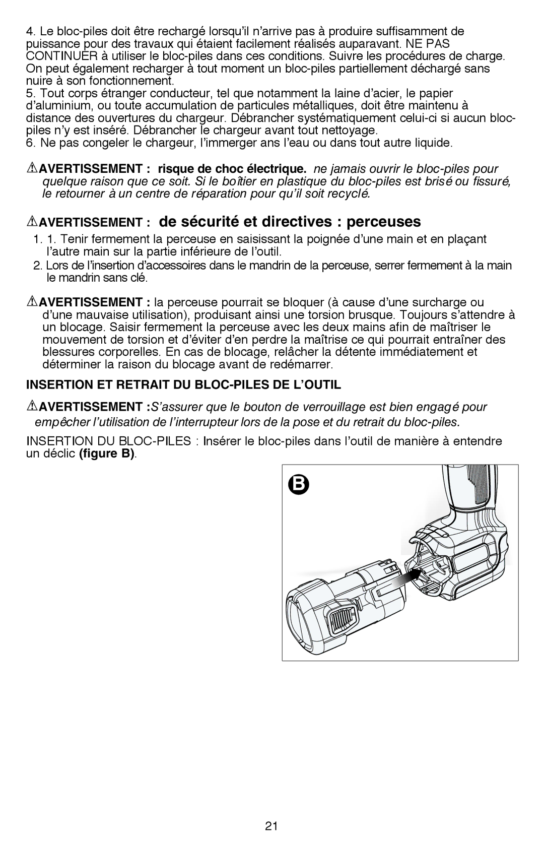 Black & Decker LDX112 Avertissement de sécurité et directives perceuses, Insertion et retrait du bloc-piles de l’outil 