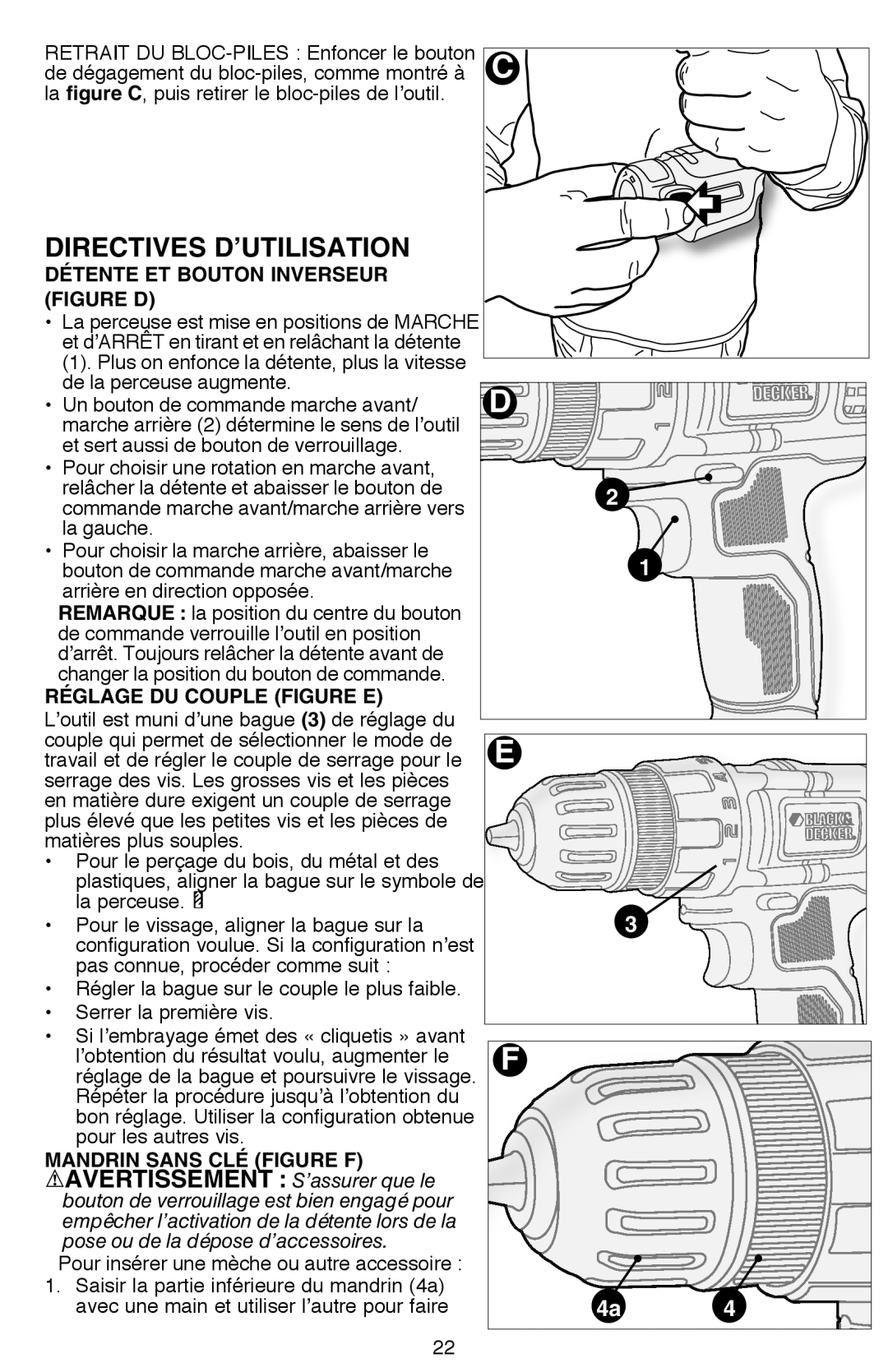 Black & Decker LDX112C Avertissement S’assurer que le, Détente ET Bouton Inverseur, Réglage du couple figure e 