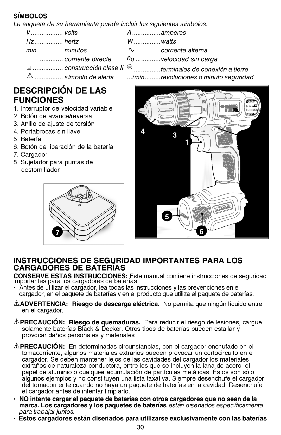 Black & Decker LDX112C instruction manual Descripción DE LAS Funciones, Símbolos 