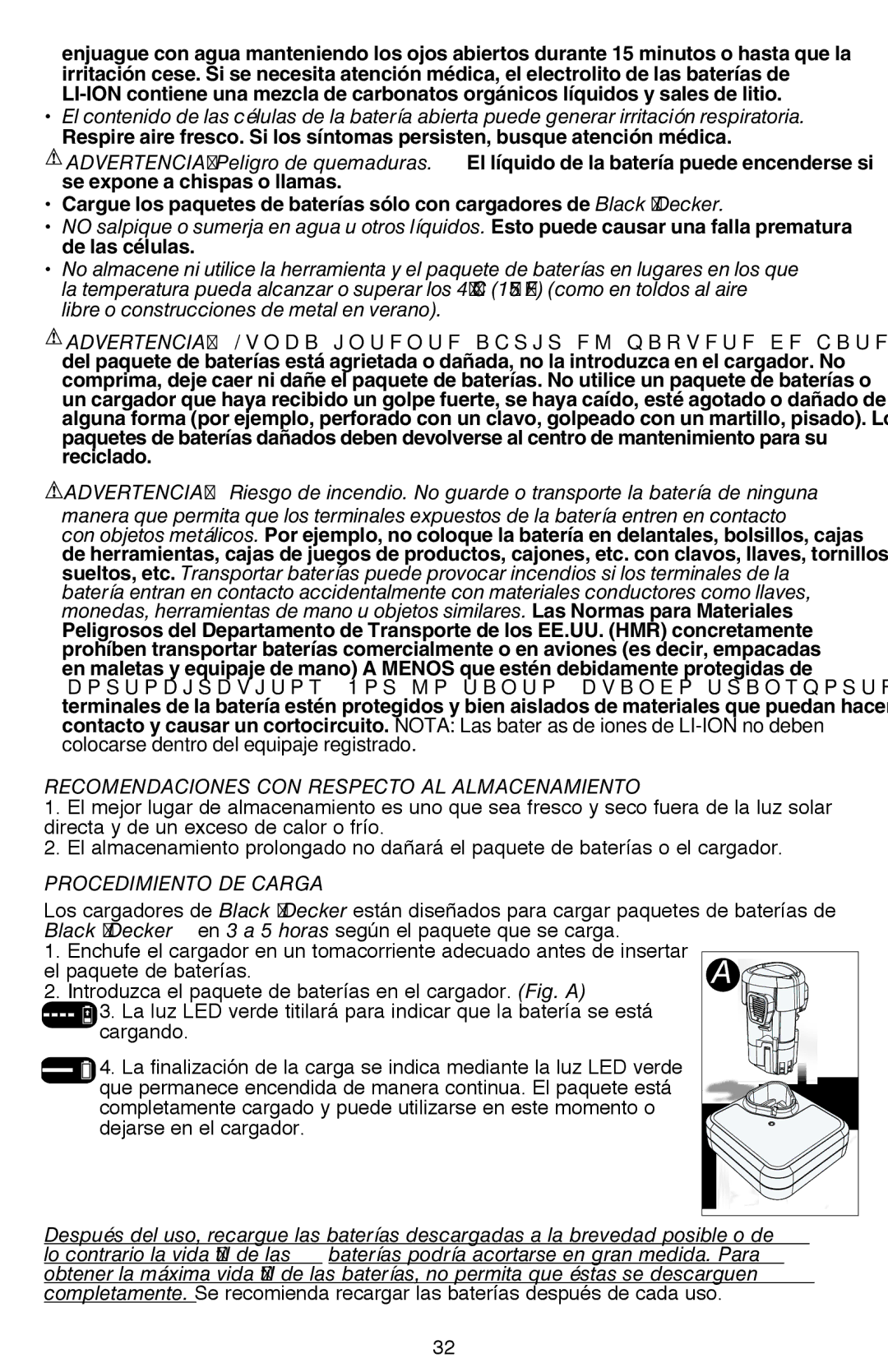 Black & Decker LDX112C instruction manual Recomendaciones con respecto al almacenamiento, Procedimiento de carga 