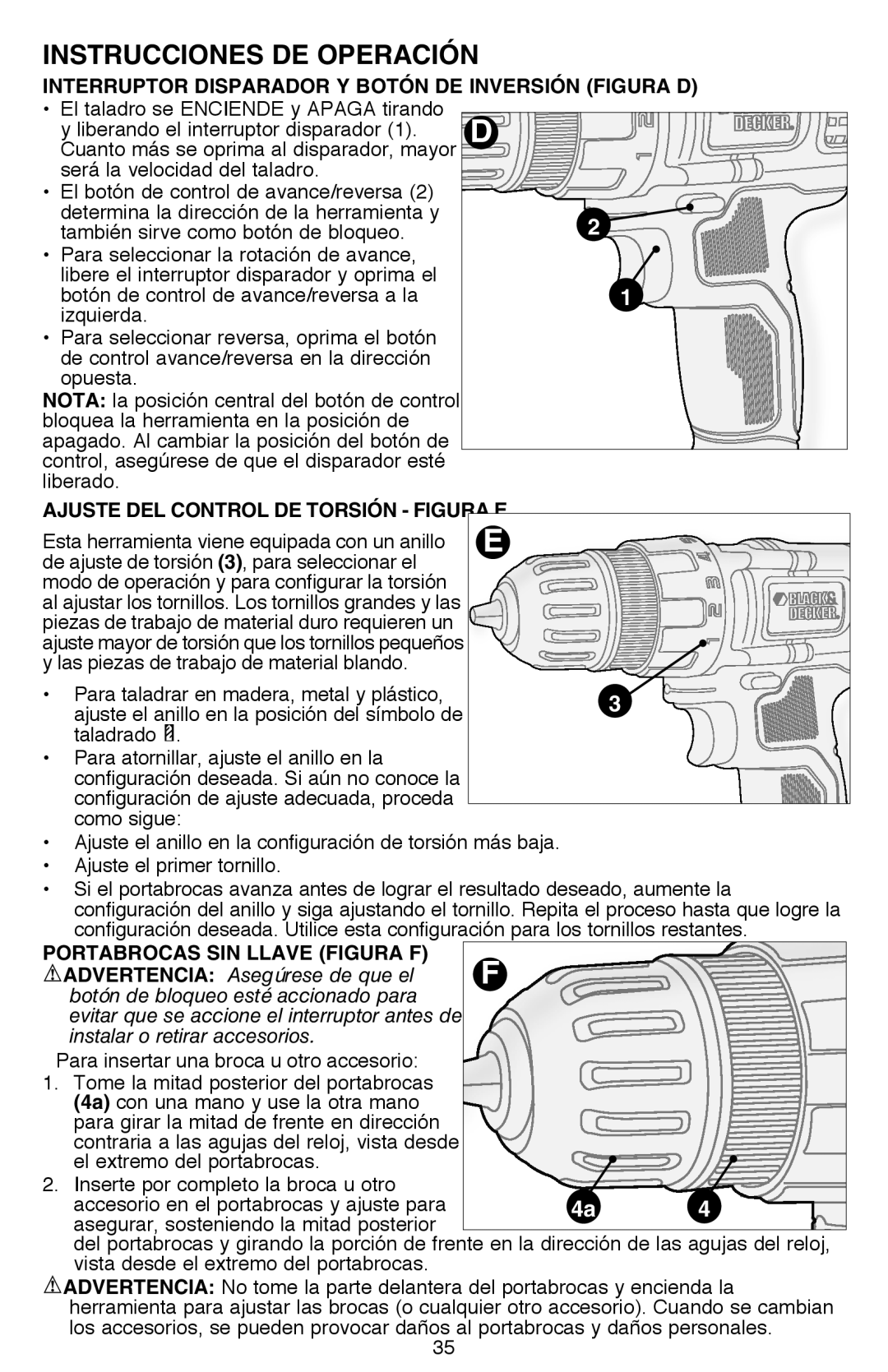 Black & Decker LDX112 Interruptor Disparador Y Botón D E Inversión FIG URA D, Ajuste del control de torsión Figura E 