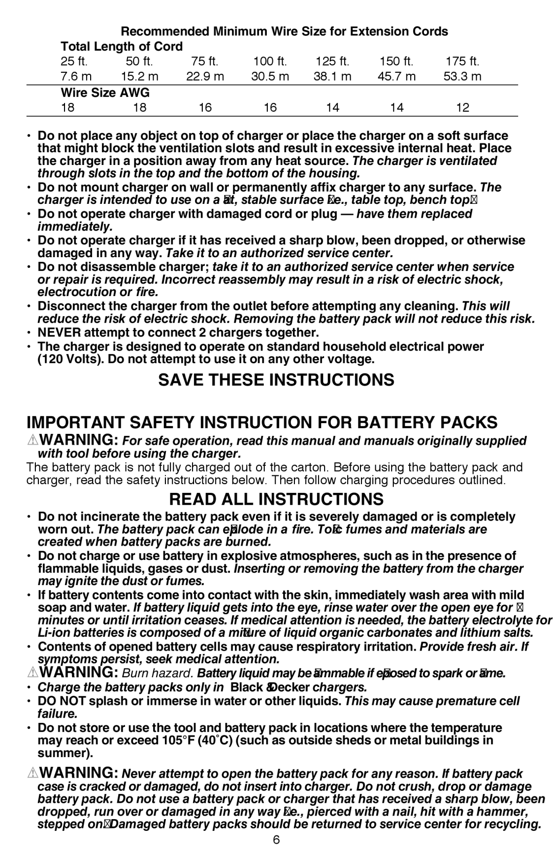 Black & Decker LDX112C Important Safety Instruction for Battery Packs, Read all Instructions, Total Length of Cord 