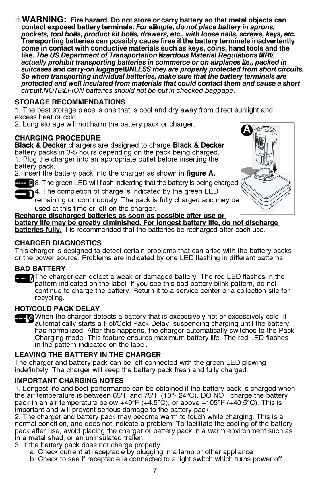 Black & Decker LDX112C instruction manual Storage Recommendations, Charging Procedure, Bad battery, Hot/Cold pack delay 