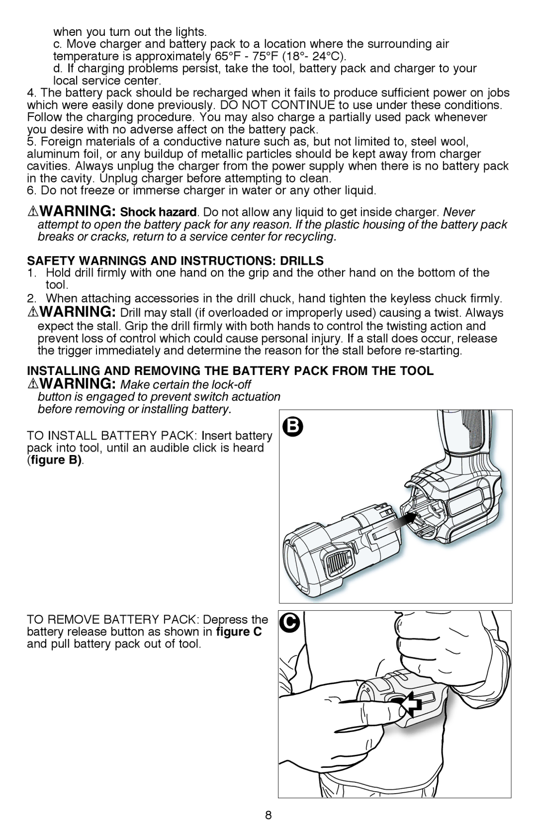 Black & Decker LDX112C Safety Warnings and Instructions Drills, Installing and Removing the Battery Pack From the Tool 