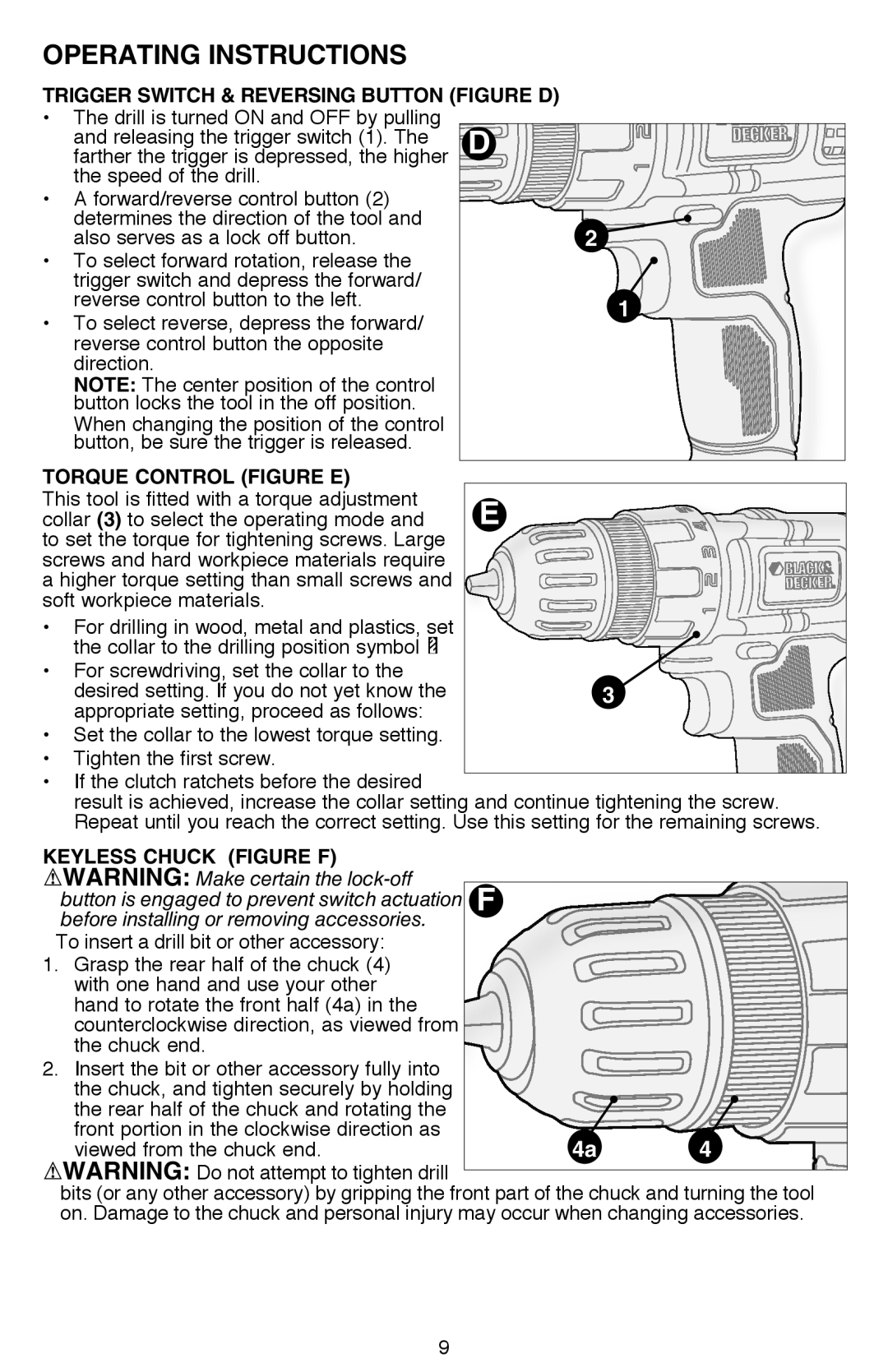 Black & Decker LDX112C Operating Instructions, Trigger Switch & Reversing Button Figure D, Torque Control Figure E 