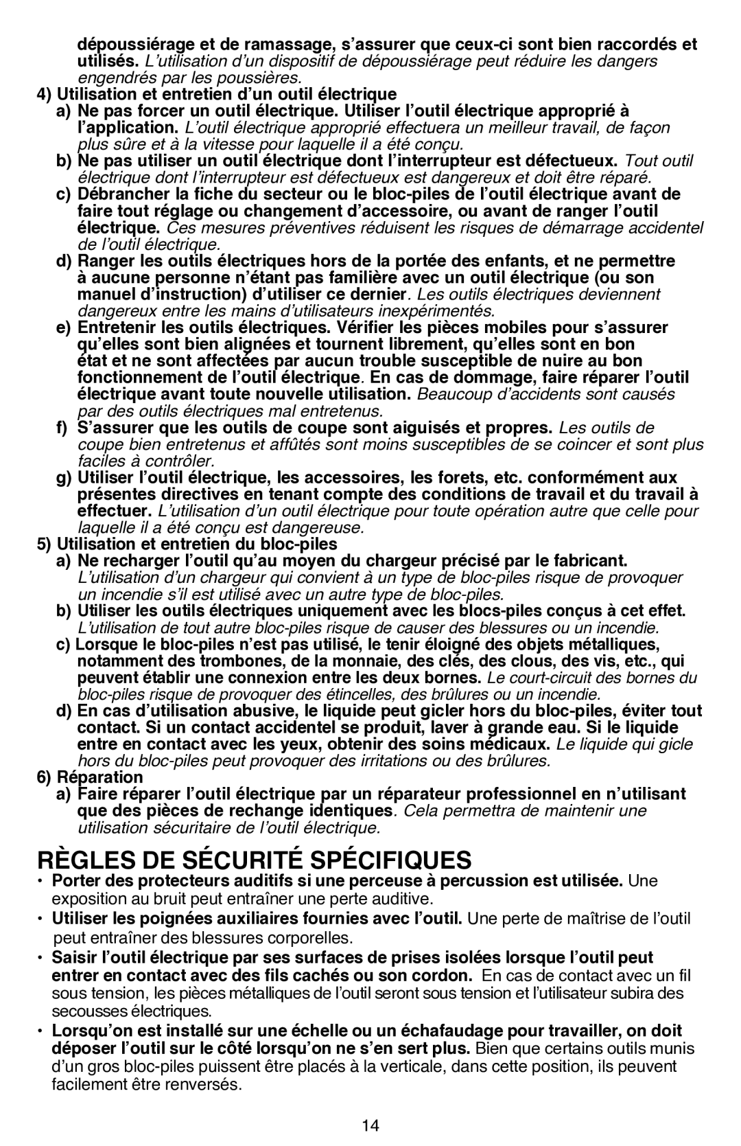 Black & Decker LDX112C-2R, LDX112CR instruction manual Règles de sécurité spécifiques 