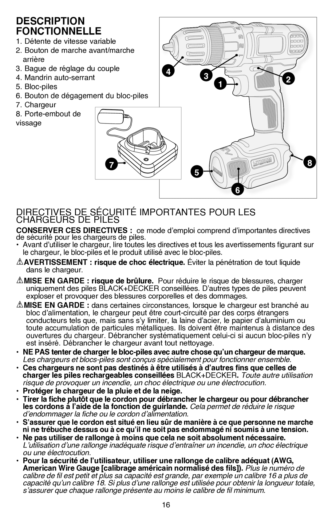 Black & Decker LDX112CR, LDX112C-2R instruction manual Description Fonctionnelle 