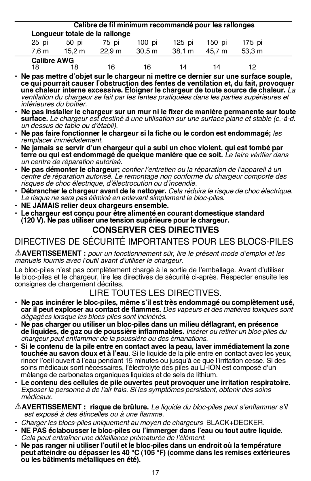 Black & Decker LDX112C-2R, LDX112CR instruction manual Directives de sécurité importantes pour les blocs-piles, 25 pi 