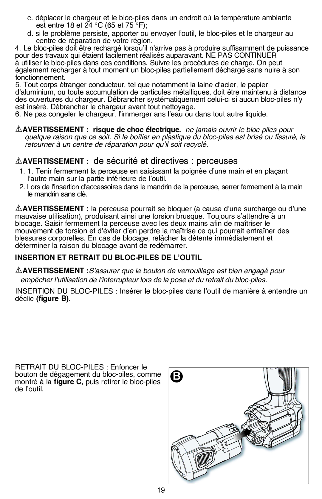 Black & Decker LDX112CR Avertissement de sécurité et directives perceuses, Insertion et retrait du bloc-piles de l’outil 