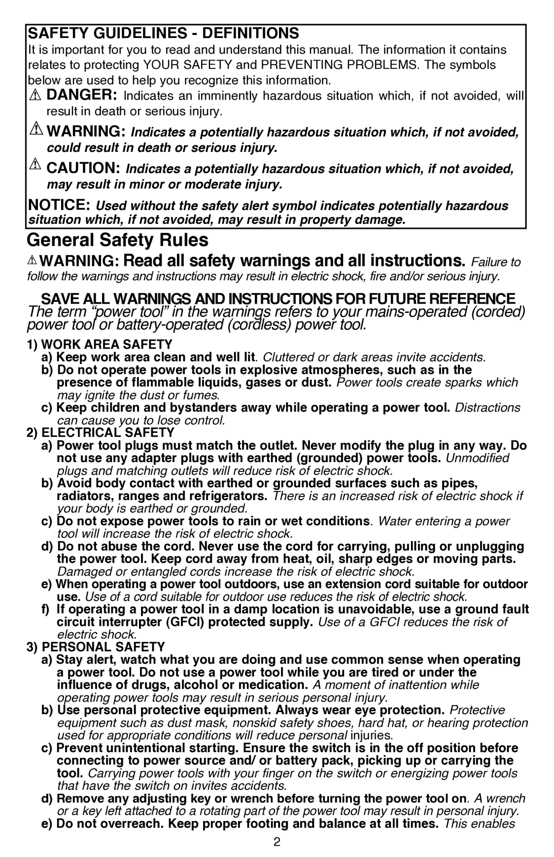 Black & Decker LDX112C-2R, LDX112CR instruction manual Safety Guidelines Definitions, Work Area Safety 