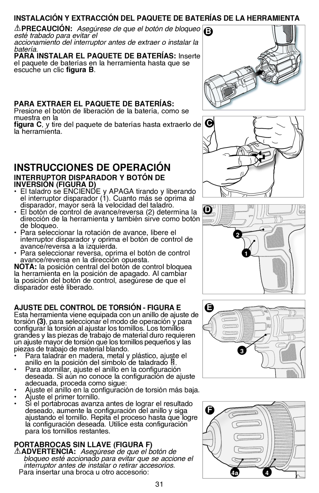 Black & Decker LDX112CR Interruptor Disparador Y Botón DE Inversión Figura D, Ajuste del control de torsión Figura E 