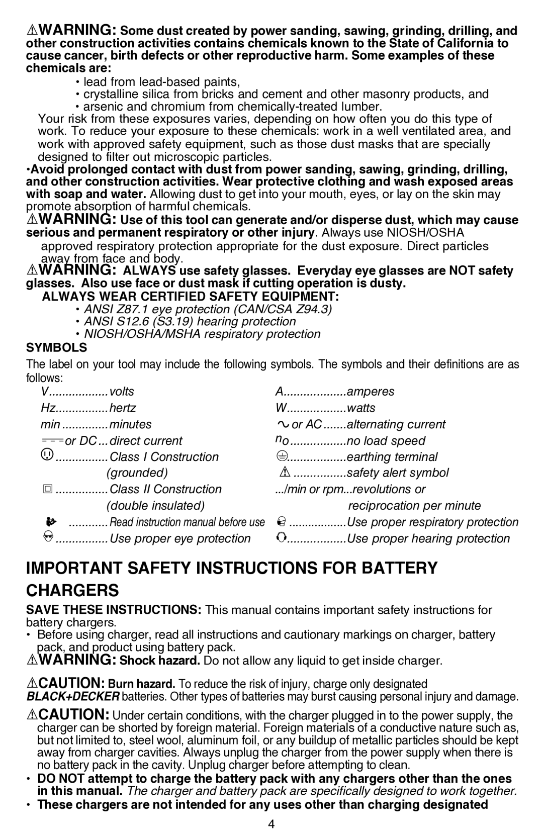 Black & Decker LDX112CR, LDX112C-2R instruction manual Always Wear Certified Safety EQUIPMENT , Symbols 