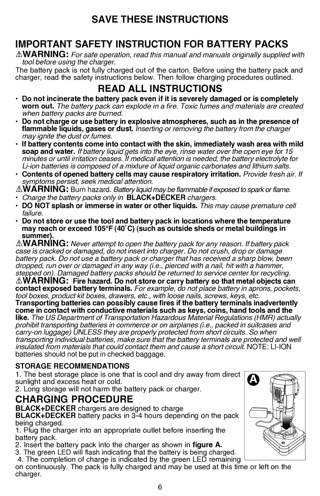 Black & Decker LDX112CR, LDX112C-2R instruction manual Important Safety Instruction for Battery Packs 