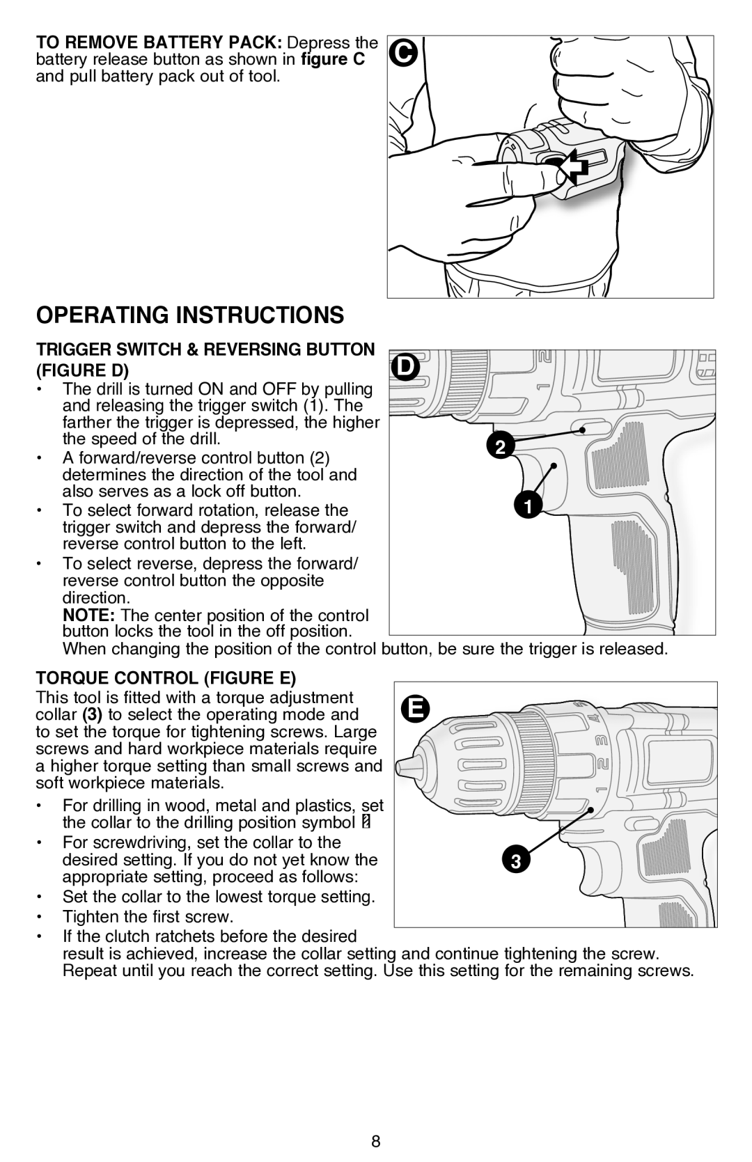 Black & Decker LDX112C-2R, LDX112CR instruction manual Trigger Switch & Reversing Button, Torque Control Figure E 