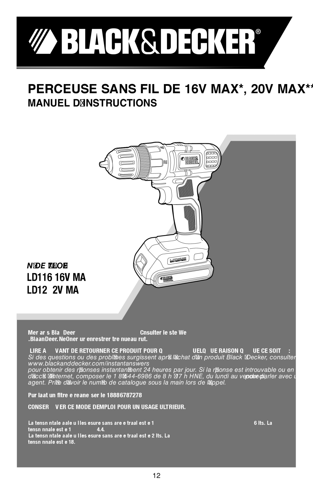 Black & Decker LDX116, LDX120CR instruction manual Perceuse Sans FIL DE 16V MAX*, 20V MAX 