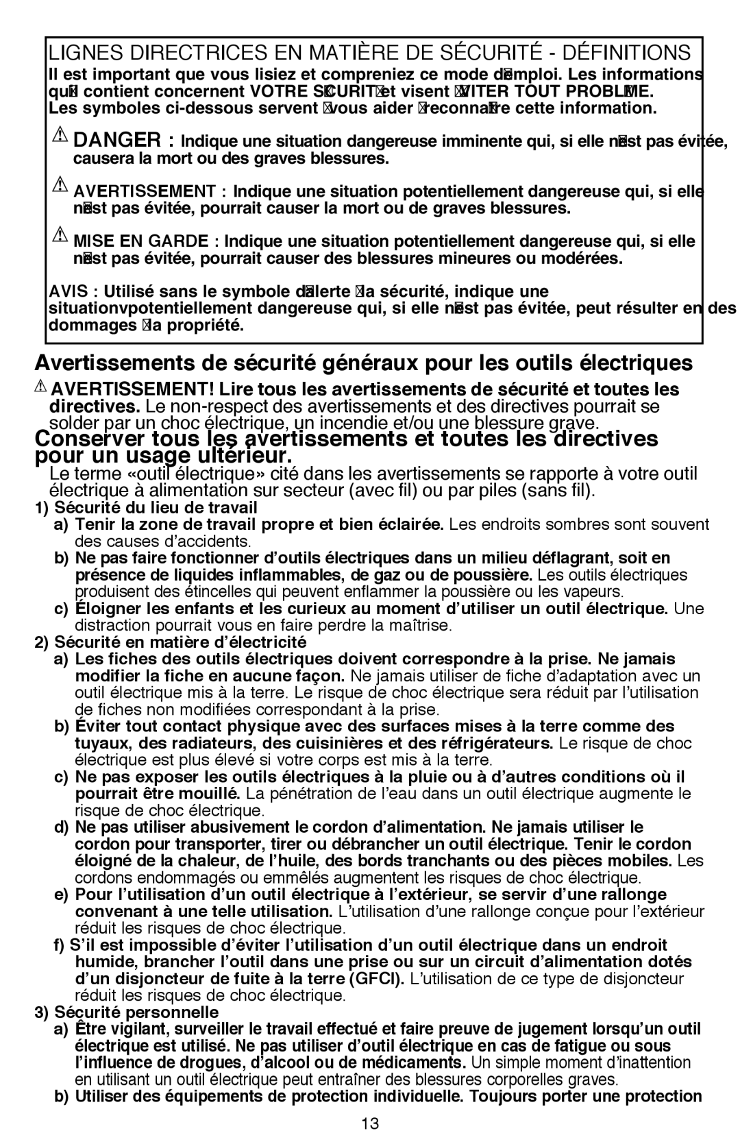 Black & Decker LDX120CR, LDX116 instruction manual Lignes directrices en matière de sécurité définitions 