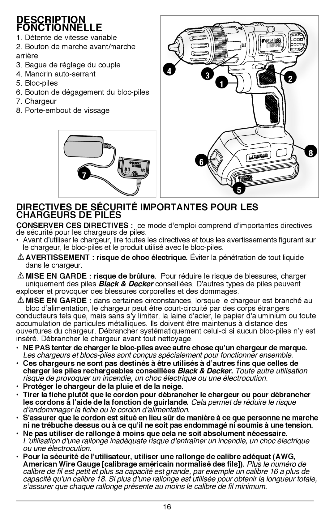 Black & Decker LDX120CR, LDX116 instruction manual Description Fonctionnelle 