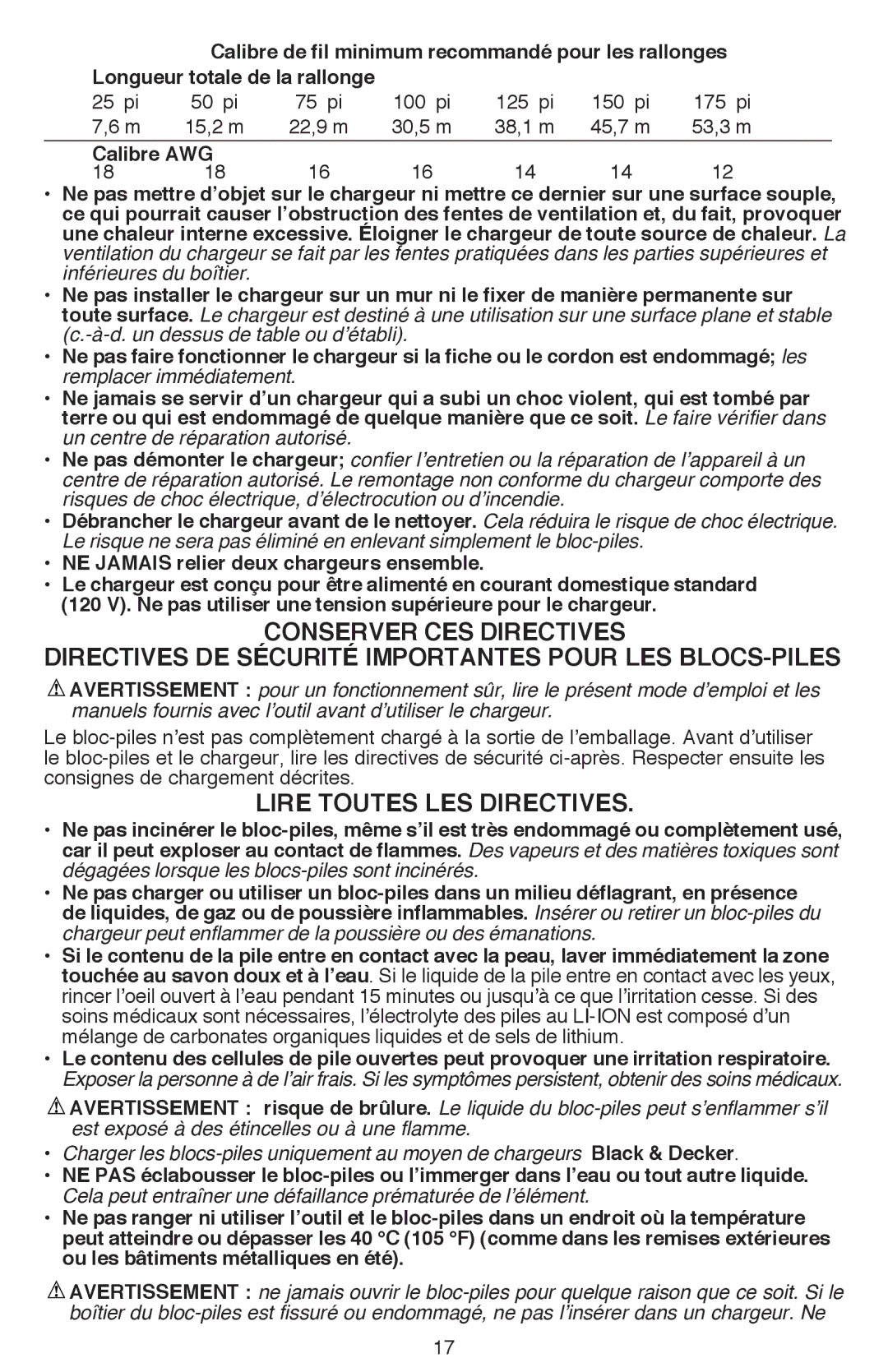 Black & Decker LDX120, LDX116 Directives de sécurité importantes pour les blocs-piles, Lire toutes les directives, 25 pi 