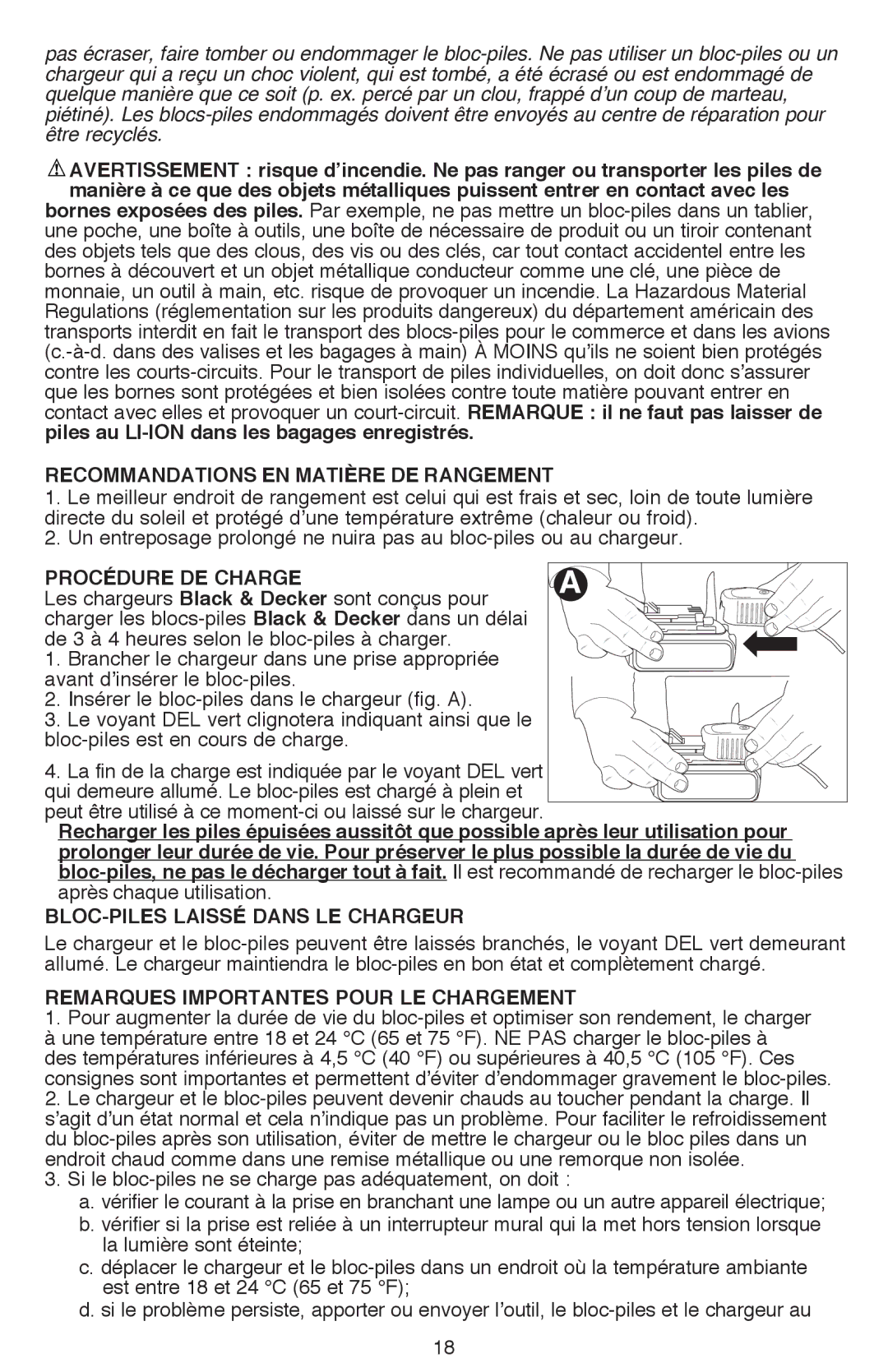 Black & Decker LDX116 Recommandations en matière de rangement, Procédure de charge, Bloc-piles laissé dans le chargeur 