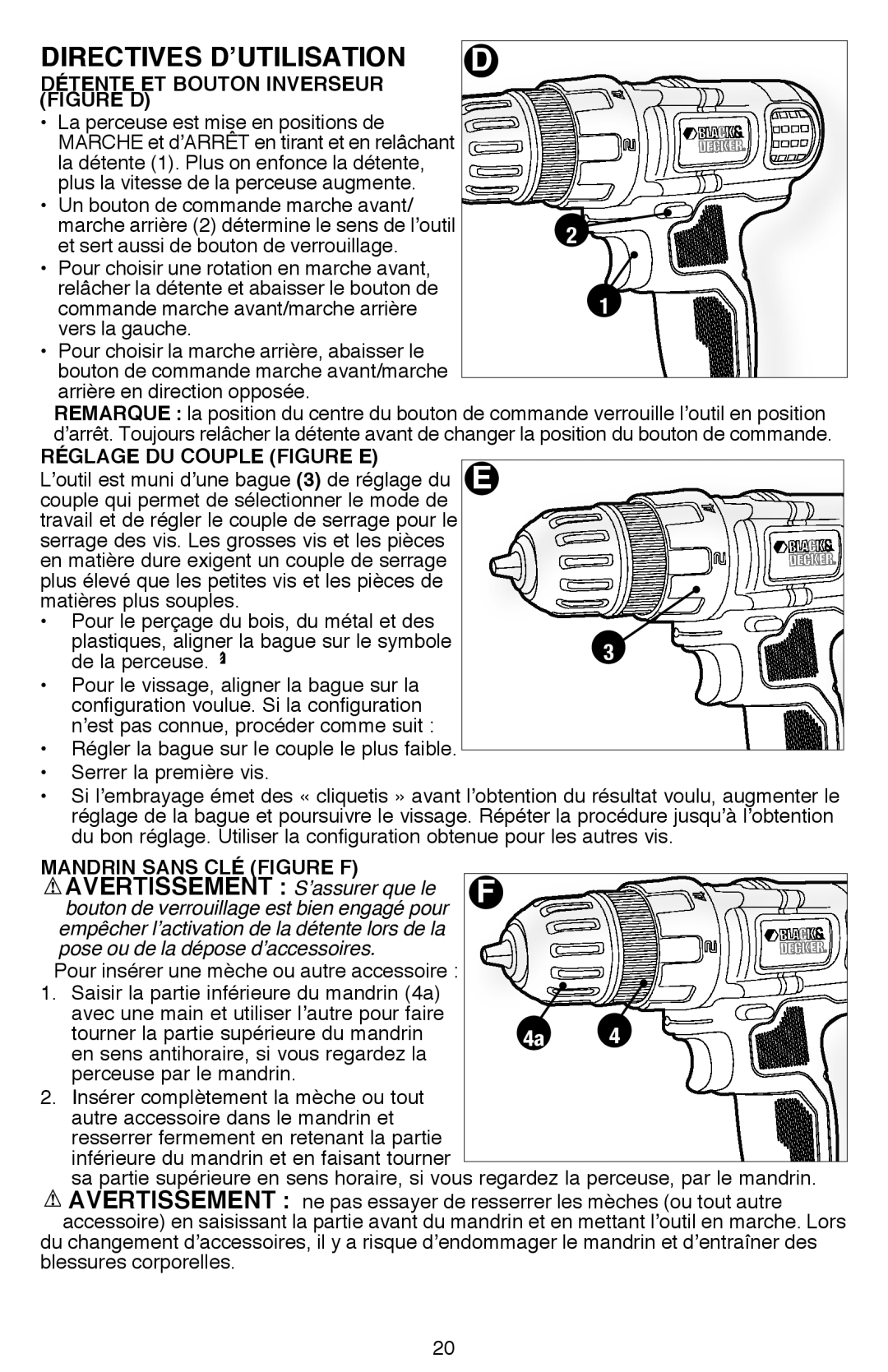 Black & Decker LDX120, LDX116 Avertissement S’assurer que le, Détente ET Bouton Inverseur, Réglage du couple figure e 