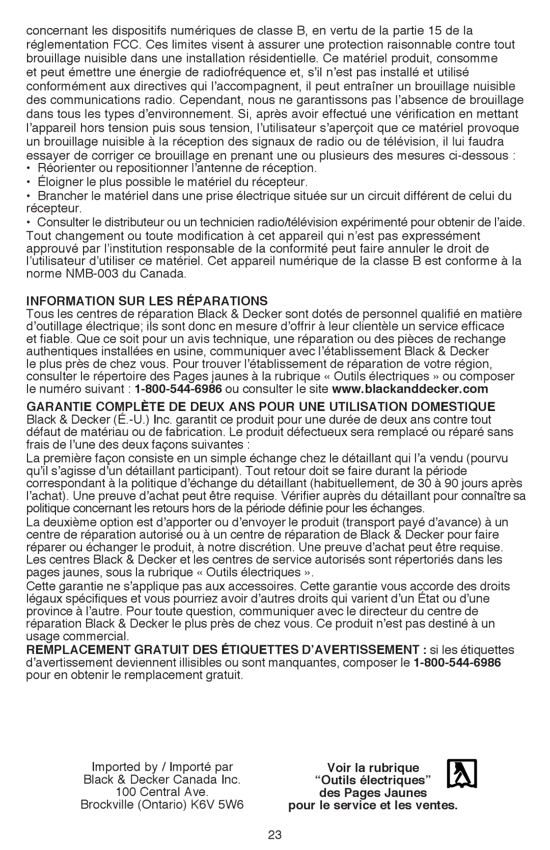 Black & Decker LDX120 Information sur les réparations, Voir la rubrique, Outils électriques, Pour le service et les ventes 