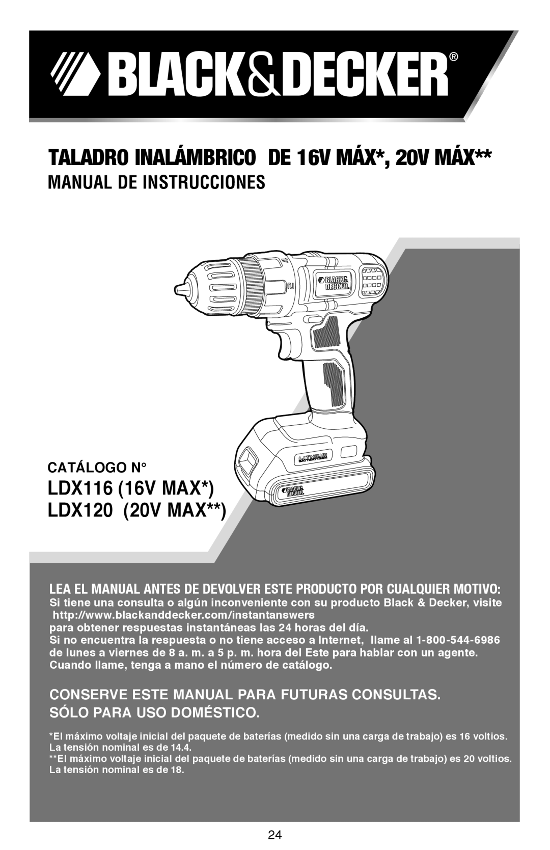 Black & Decker LDX116, LDX120CR instruction manual Taladro Inalámbrico DE 16V MÁX*, 20V MÁX 