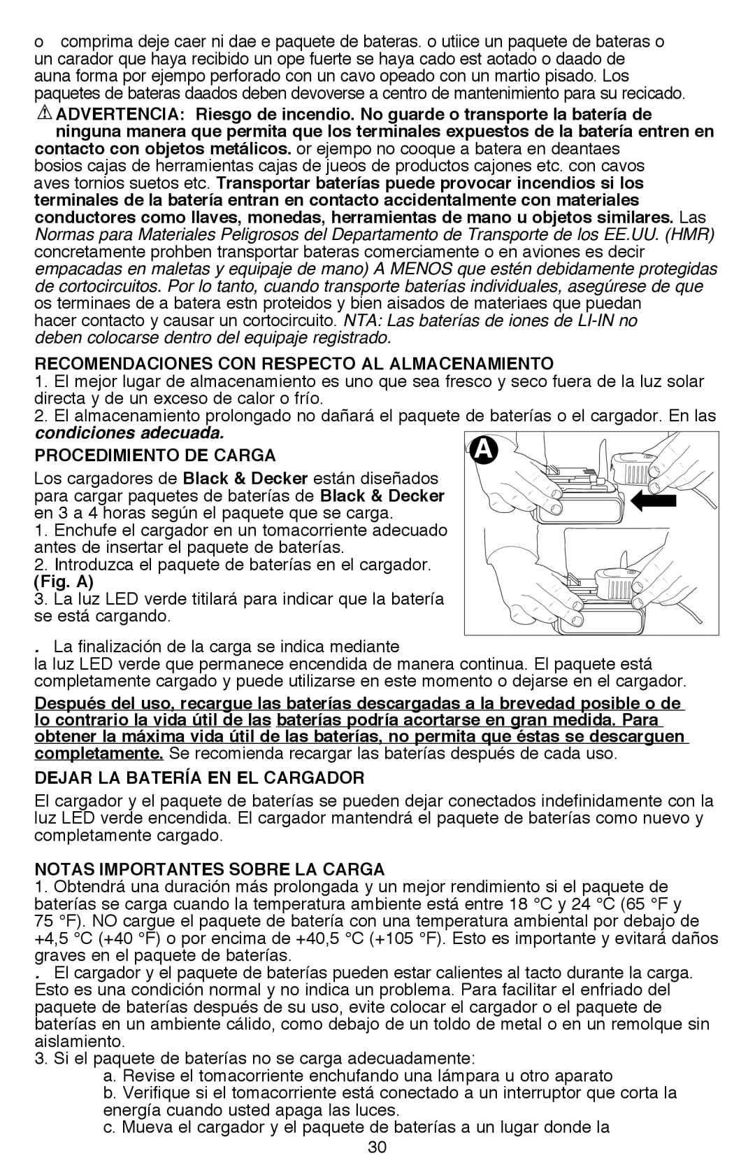 Black & Decker LDX116, LDX120CR Recomendaciones con respecto al almacenamiento, Directa y de un exceso de calor o frío 