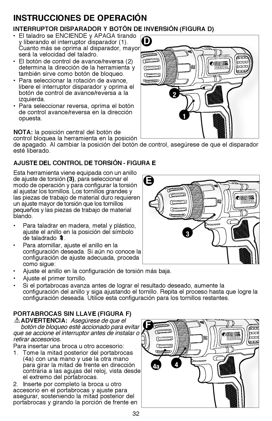 Black & Decker LDX120, LDX116 Interruptor Disparador Y Botón DE Inversión Figura D, Ajuste del control de torsión Figura E 