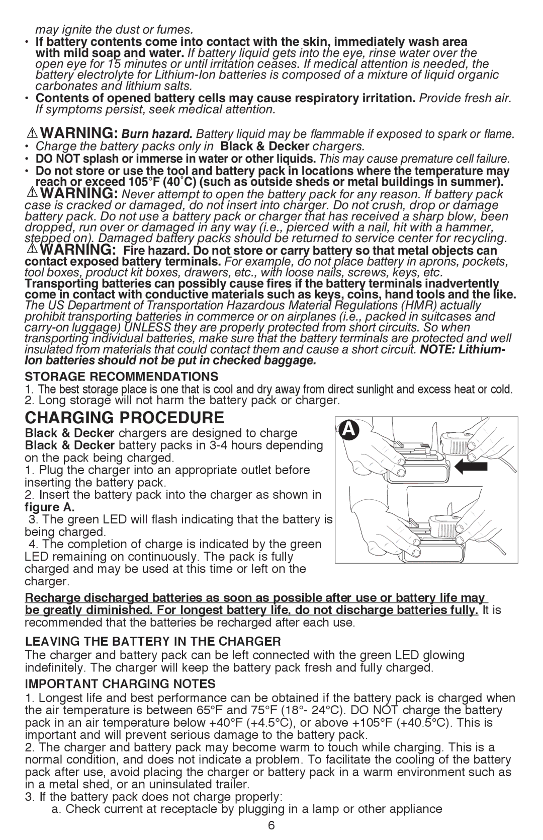 Black & Decker LDX116 Charging Procedure, Long storage will not harm the battery pack or charger, Important Charging Notes 