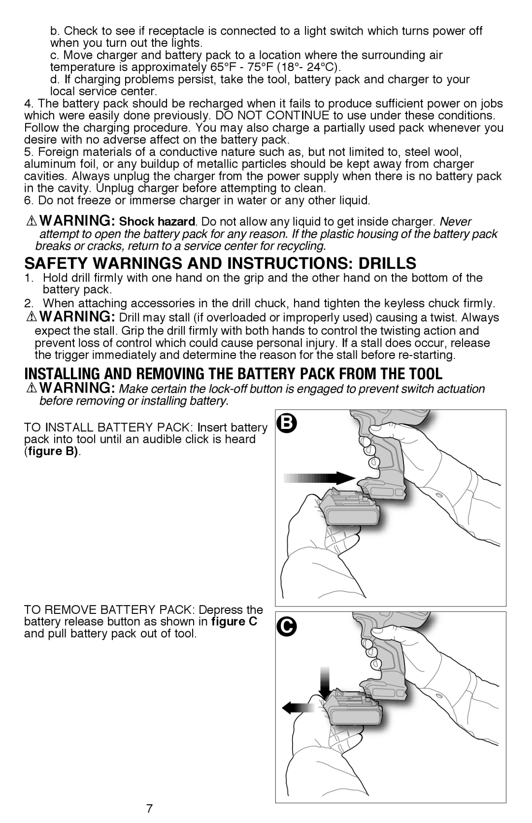 Black & Decker LDX120CR Safety Warnings and Instructions Drills, Installing and Removing the Battery Pack From the Tool 