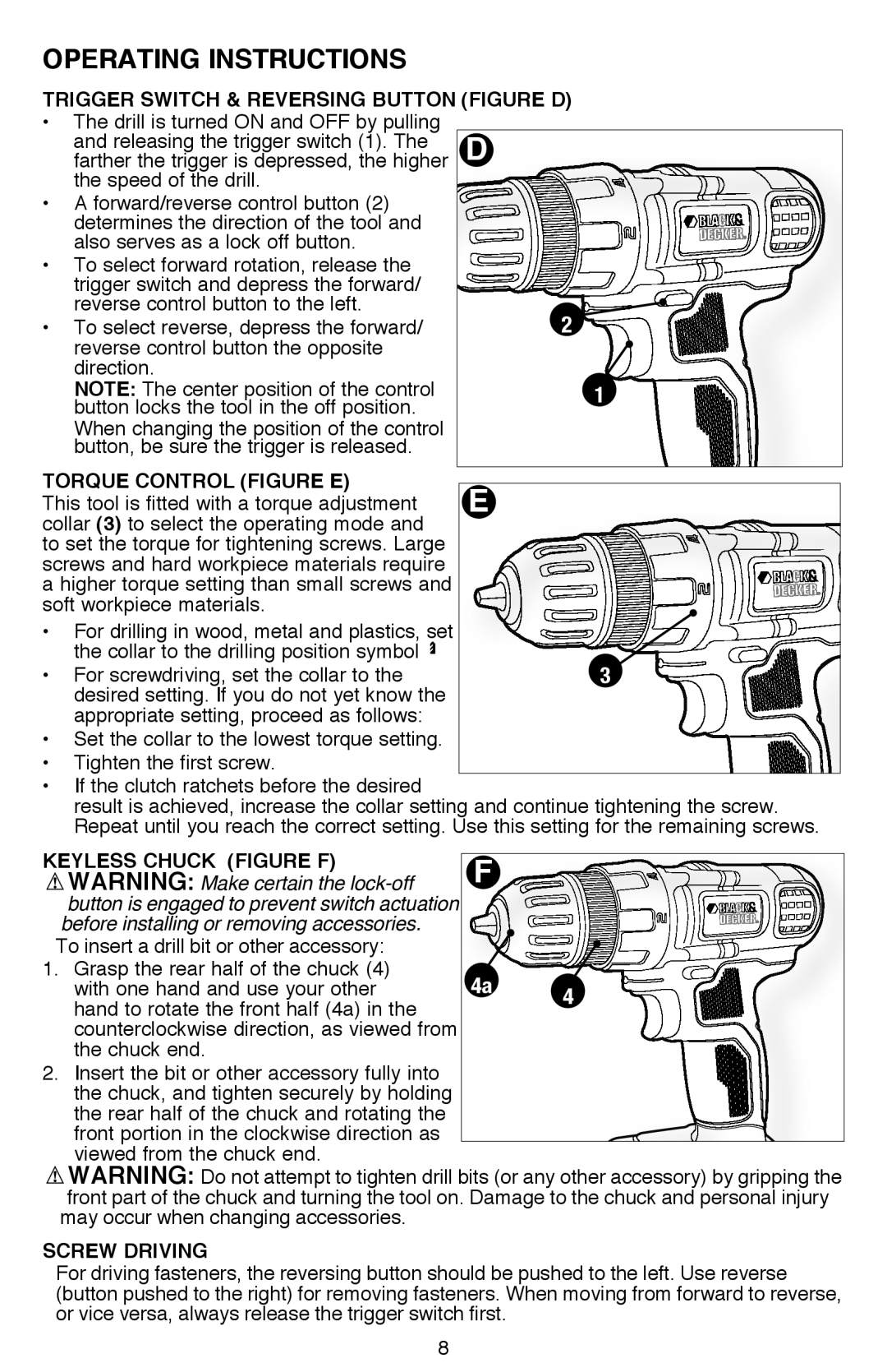 Black & Decker LDX120, LDX116 Operating Instructions, Trigger Switch & Reversing Button Figure D, Torque Control Figure E 