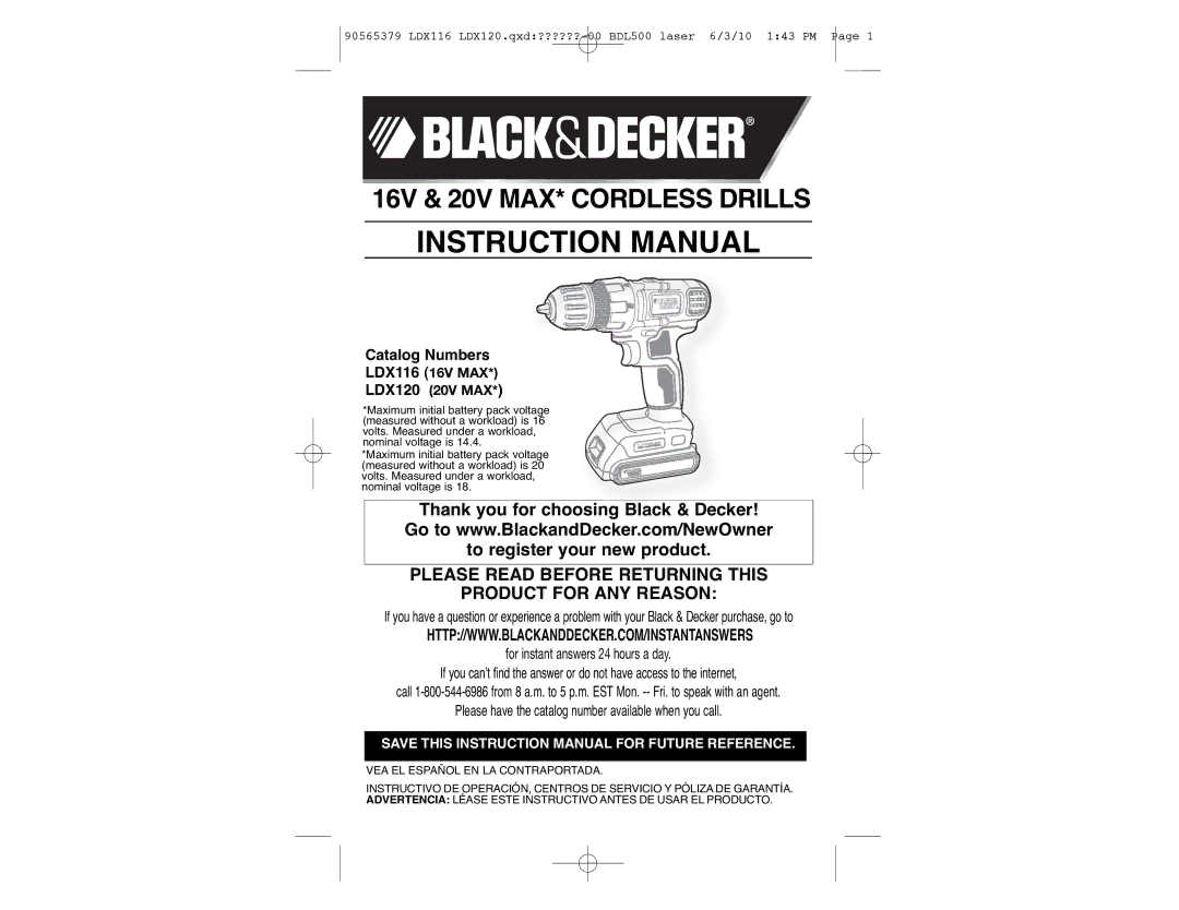 Black & Decker LDX120P-2, LDX120PK instruction manual 16V & 20V MAX* Cordless Drills, LDX116 16V MAX LDX120 20V MAX 