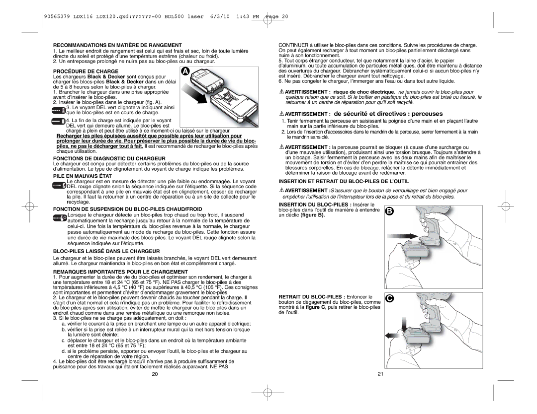 Black & Decker LDX116C, LDX120P-2, LDX120PK, LDX120C instruction manual Avertissement de sécurité et directives perceuses 