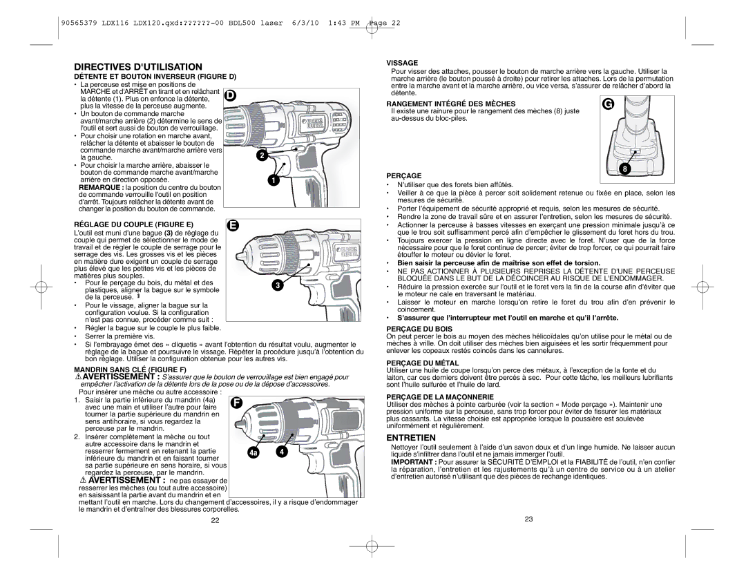 Black & Decker LDX120P-2, LDX116 Détente ET Bouton Inverseur Figure D, Vissage, Rangement Intégré DES Mèches, Perçage 